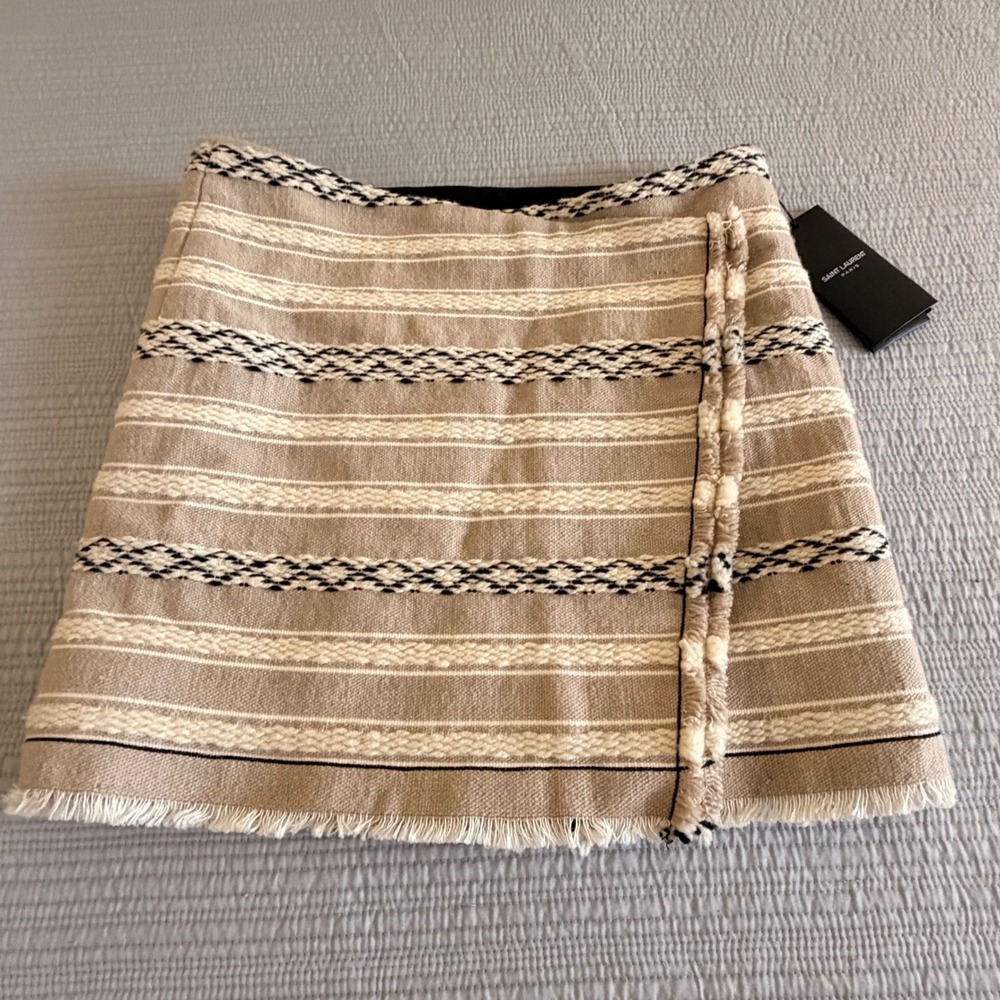 NWT Saint Laurent Paris Women's Striped Fringed Mini Wrap Skirt Beige Black US 2